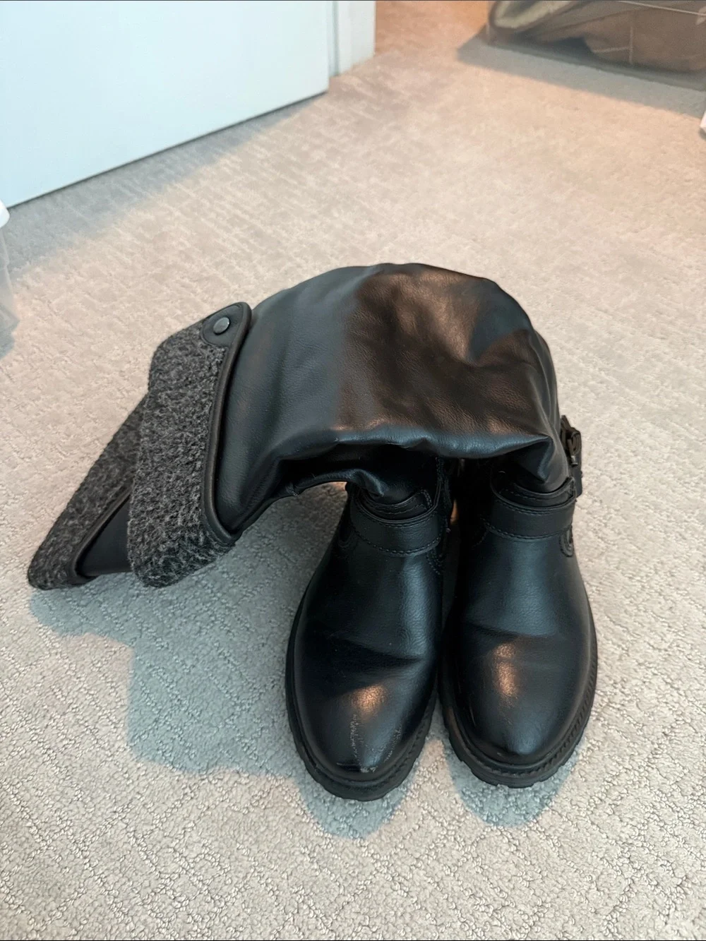 bucco Black Faux Leather Boots with Knit Cuff and Ankle Strap
